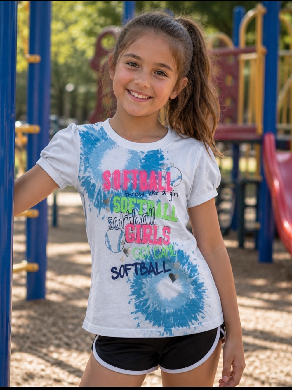 SO White & Blue Tie-Dye Softball Graphic Tee with Neon Pink & Neon Green Text